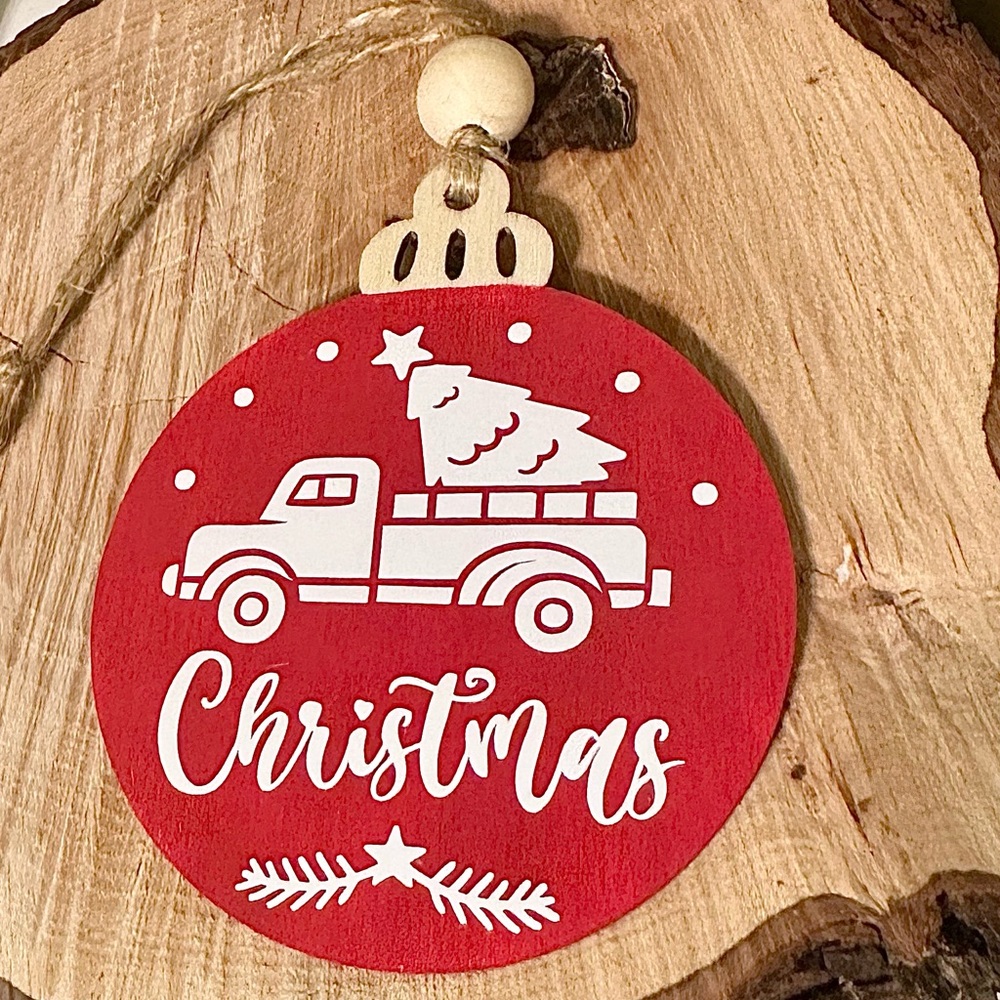 Red Christmas Ornament with Truck Design